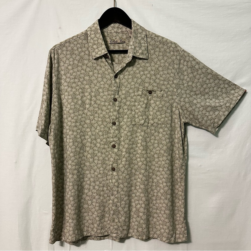 Batik Bay Mens Large Button Up Shirt Short Sleeve Palm Trees Gray Green Rayon